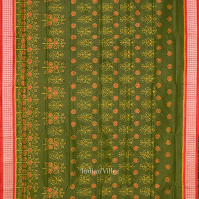 Mehendi Green Red Floral Motif Odisha Handloom Sambalpuri Silk Saree