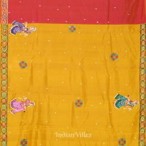 Yellow Ramayan Theme Hand-Painted Pattachitra Saree