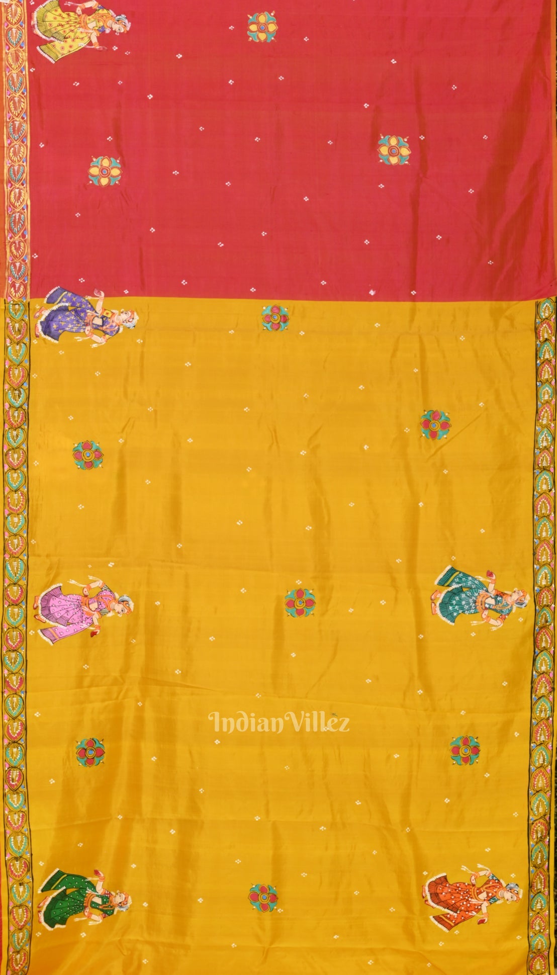 Yellow Ramayan Theme Hand-Painted Pattachitra Saree
