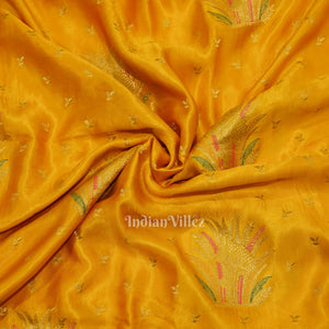 Authentic Mustard Yellow with Golden Broder Mashru Satin Silk Banarasi Saree