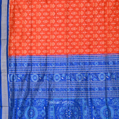 Orange Royal Blue Tribal Theme Sambalpuri Silk Saree