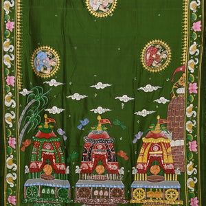 Mehendi Green Shree Jagannath Ratha Yatra Hand-Painted Pattachitra Saree