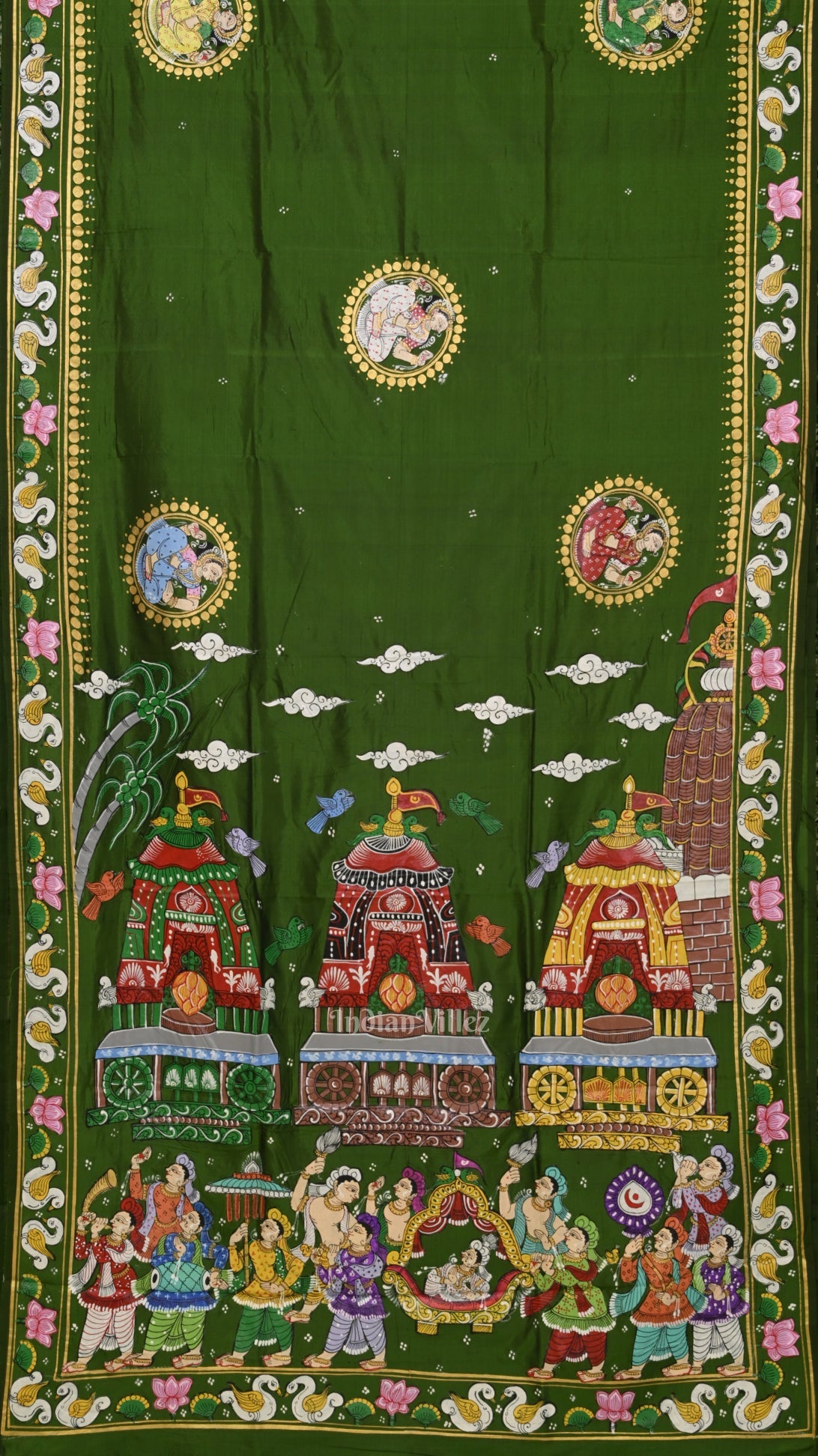 Mehendi Green Shree Jagannath Ratha Yatra Hand-Painted Pattachitra Saree