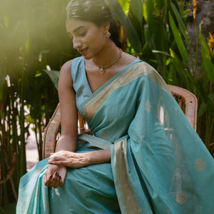 Turquoise Handloom Kanchi Cotton Saree With Annam Buttas