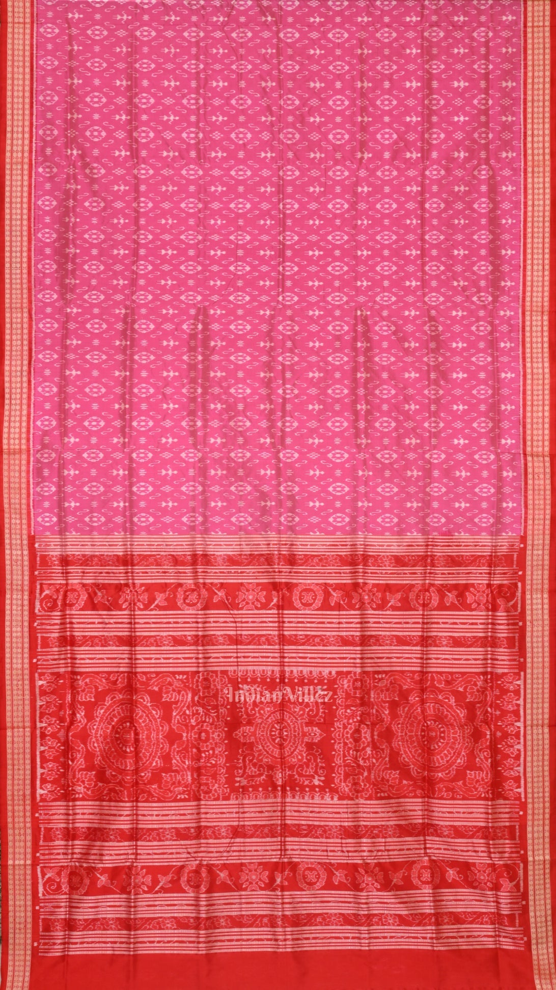 Baby Pink Red Tribal Theme Sambalpuri Silk Saree