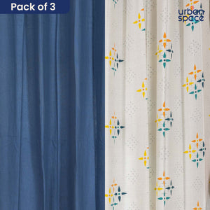 Cotton Curtains Combo, Set of 3 curtains, 60-65% Room Darkening Curtain - Blue & Aura Indigo