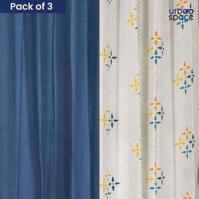 Cotton Curtains Combo, Set of 3 curtains, 60-65% Room Darkening Curtain - Blue & Aura Indigo