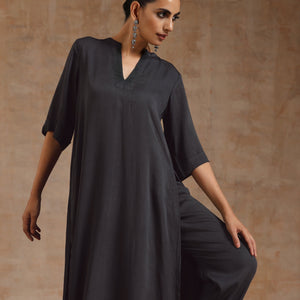 Grey Modal Satin High-Low Relax Kurta Set | Relove