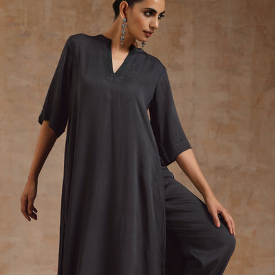 Grey Modal Satin High-Low Relax Kurta Set | Relove