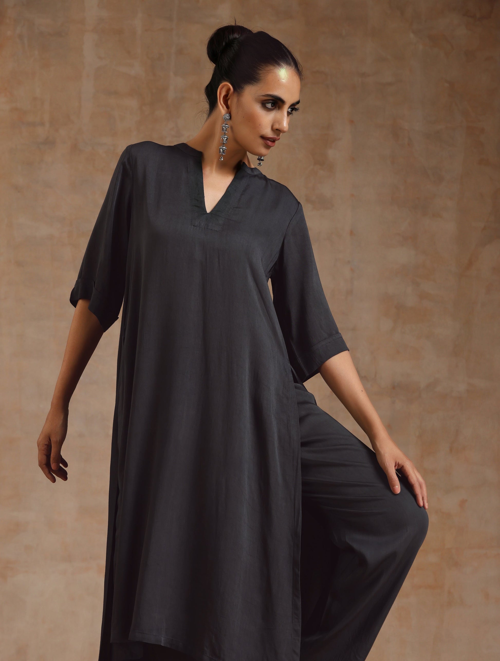 Grey Modal Satin High-Low Relax Kurta Set | Relove
