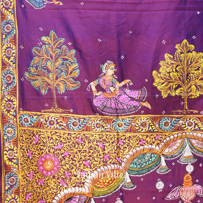 Purple Dual Tone Ardha Chandra  Krishna Rasa Leela Hand-Painted Pattachitra Saree