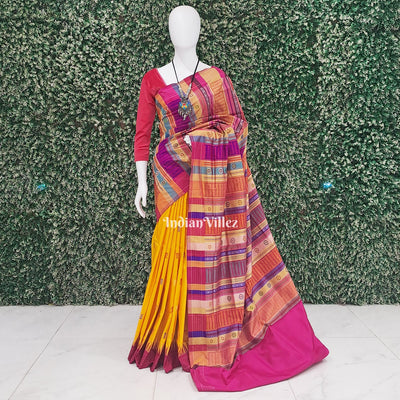 Yellow Fish Motif  Berhampuri Silk Patta Saree with Double Pallu