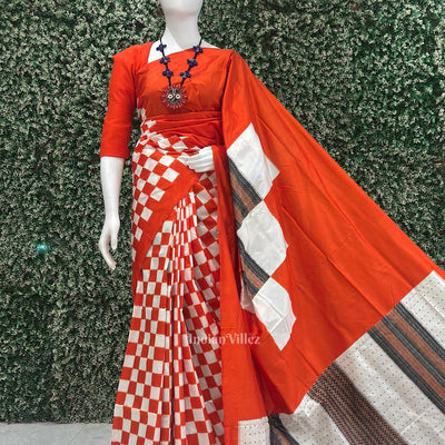 Orange Black Pasapali Sambalpuri Ikat Silk Saree