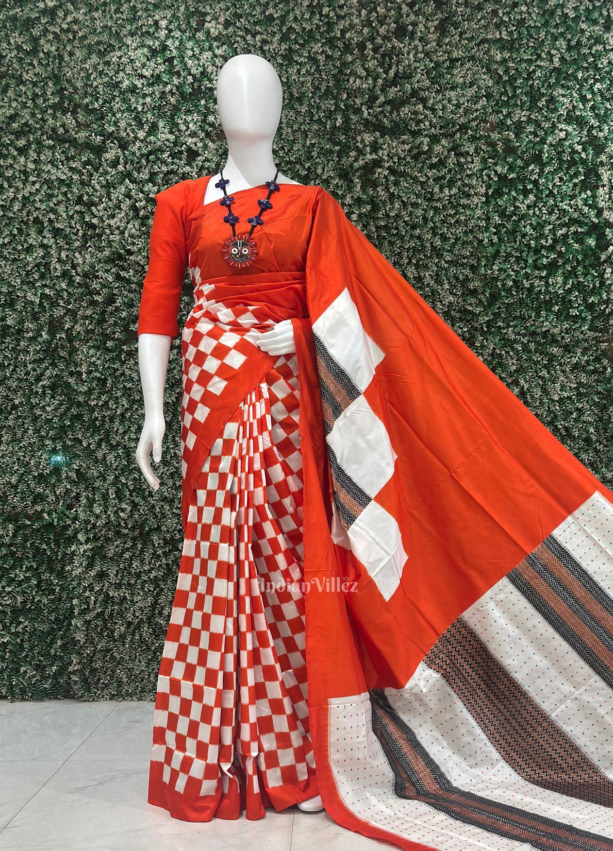 Orange Black Pasapali Sambalpuri Ikat Silk Saree