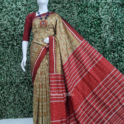 Mustard Yellow Red  Pasapali Odisha Ikat Contemporary Designer Silk Saree