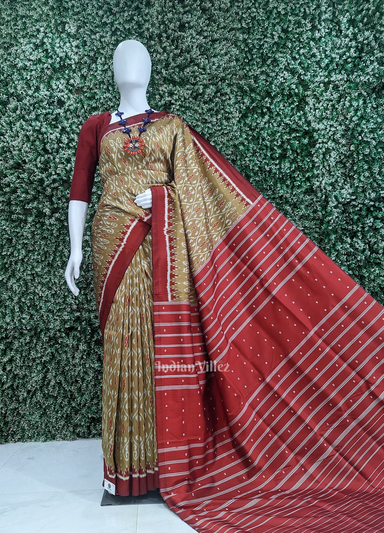 Mustard Yellow Red  Pasapali Odisha Ikat Contemporary Designer Silk Saree