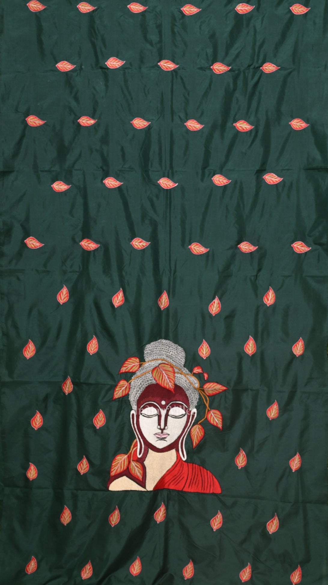 Dark Green Leaf Motif Pure Silk Hand Embroidered Saree