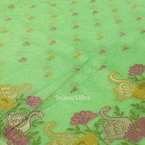 Pista Green Floral Motif Designer Banarasi Katan Silk Saree