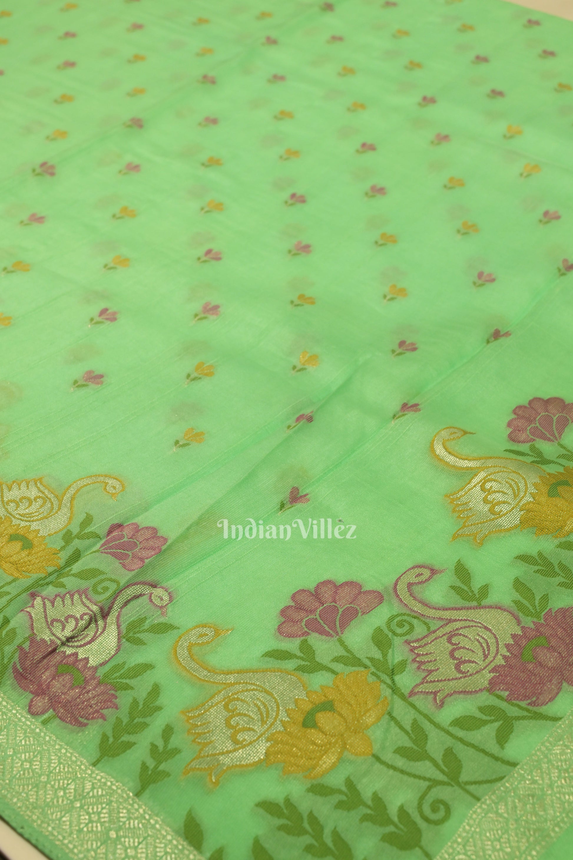 Pista Green Floral Motif Designer Banarasi Katan Silk Saree