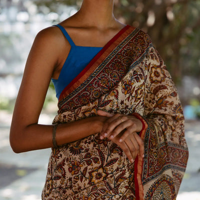 Cream Handloom Chanderi Cotton Saree With  A Printed Kalamkari Design