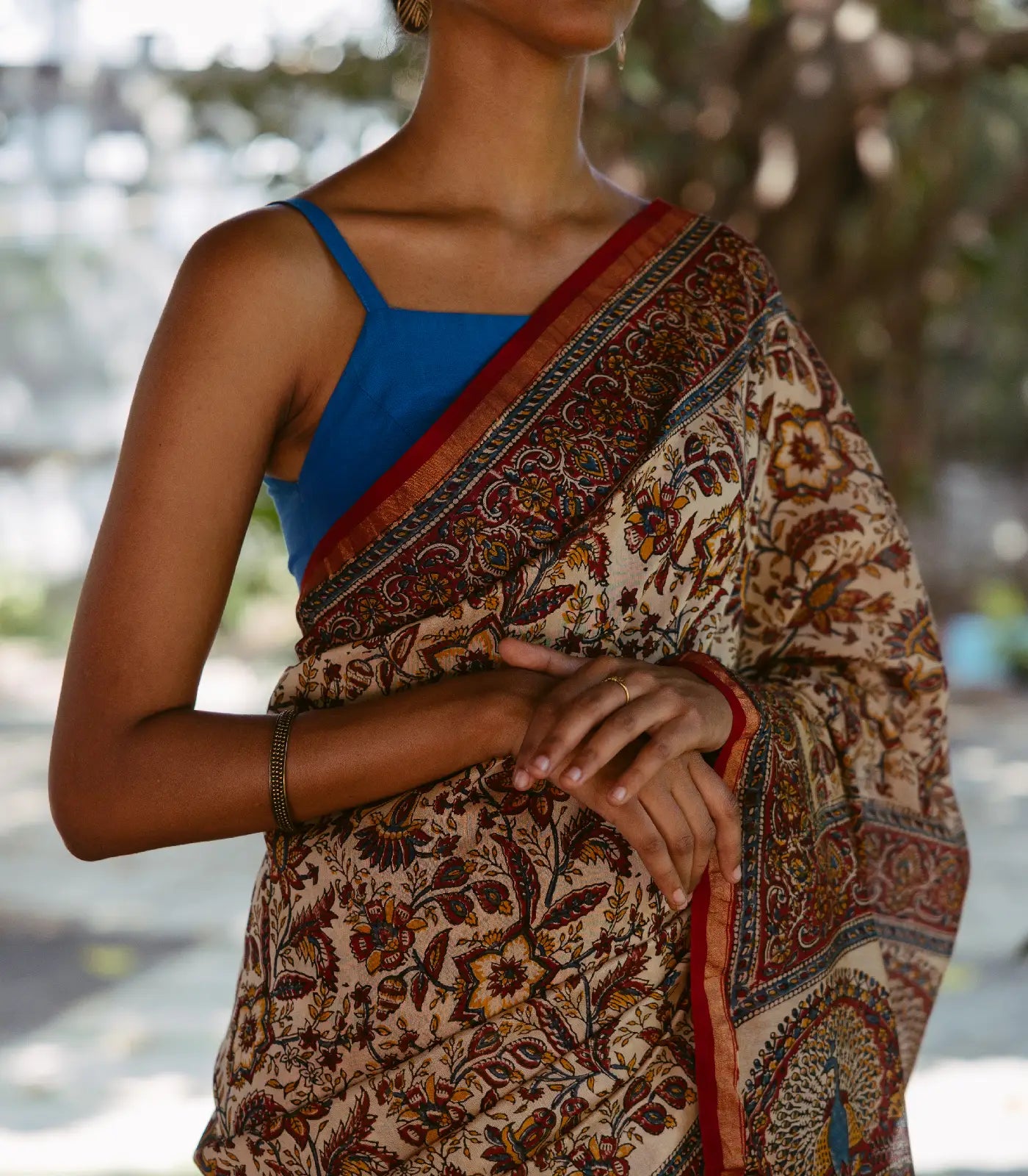 Cream Handloom Chanderi Cotton Saree With  A Printed Kalamkari Design