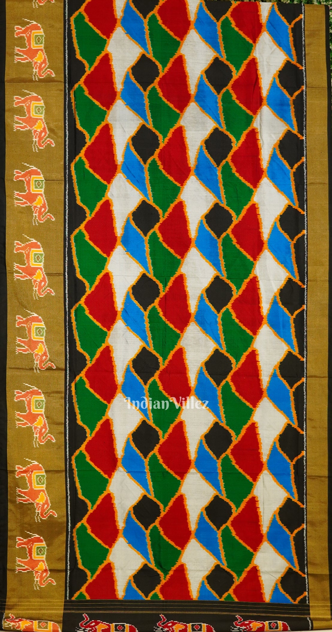 Exclusive Multicolour Elephant Border Pochampally Ikat Handloom Silk Saree