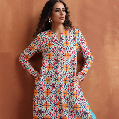 trueBrowns Off White Print Kurta Co-ord Set