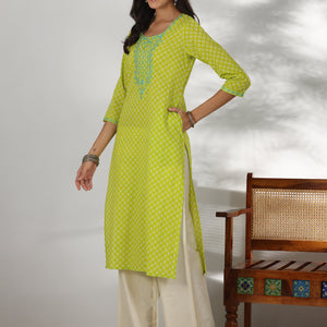 Green Printed Cotton Straight Kurta