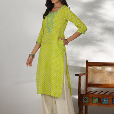 Green Printed Cotton Straight Kurta