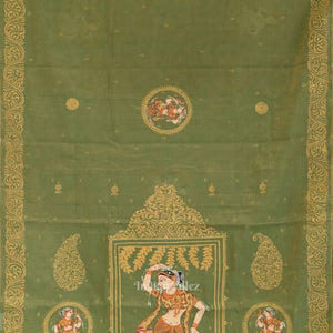 Green Nartaki Theme Hand- Painted Pattachitra Saree