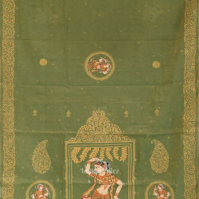 Green Nartaki Theme Hand- Painted Pattachitra Saree