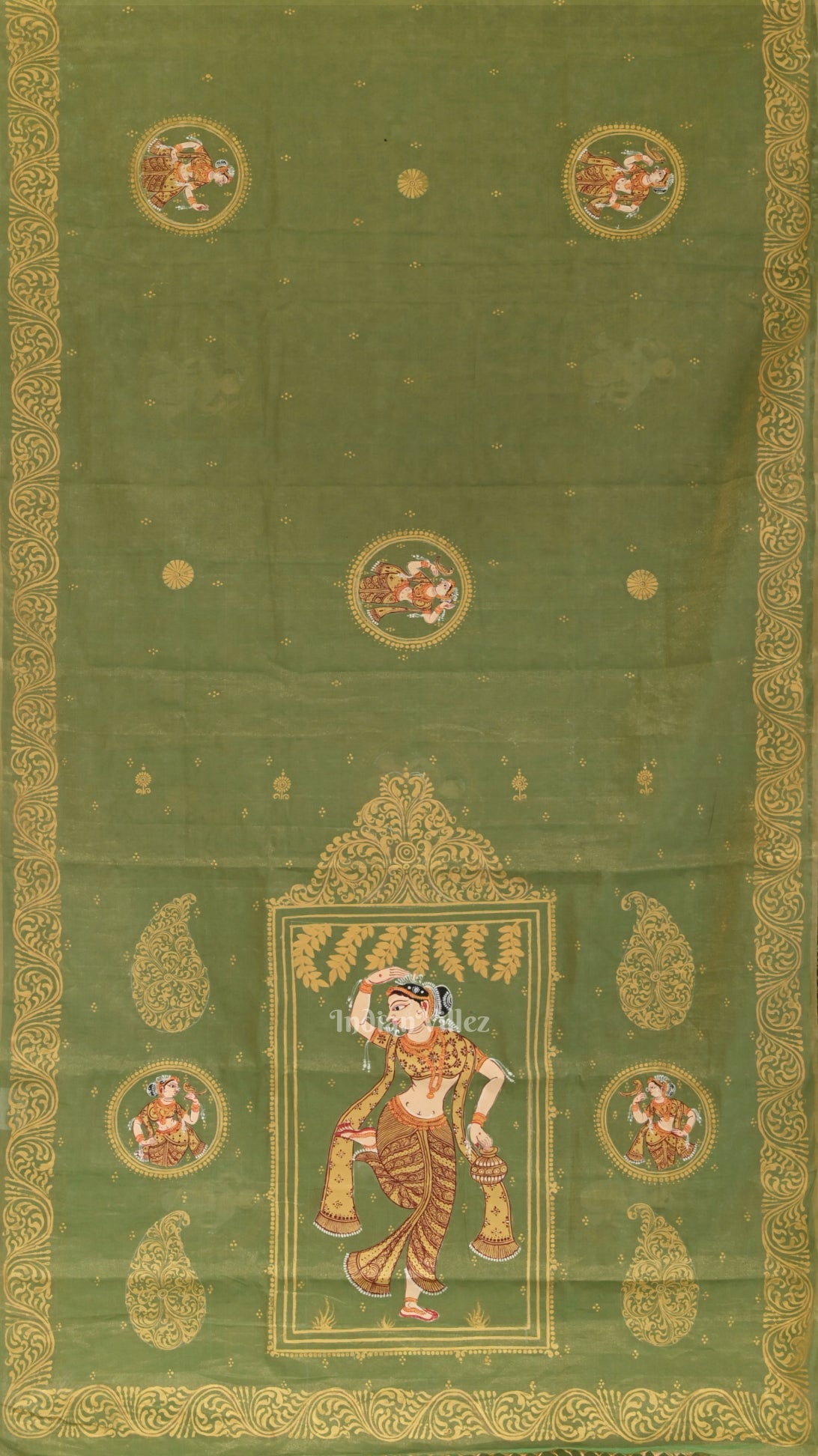 Green Nartaki Theme Hand- Painted Pattachitra Saree