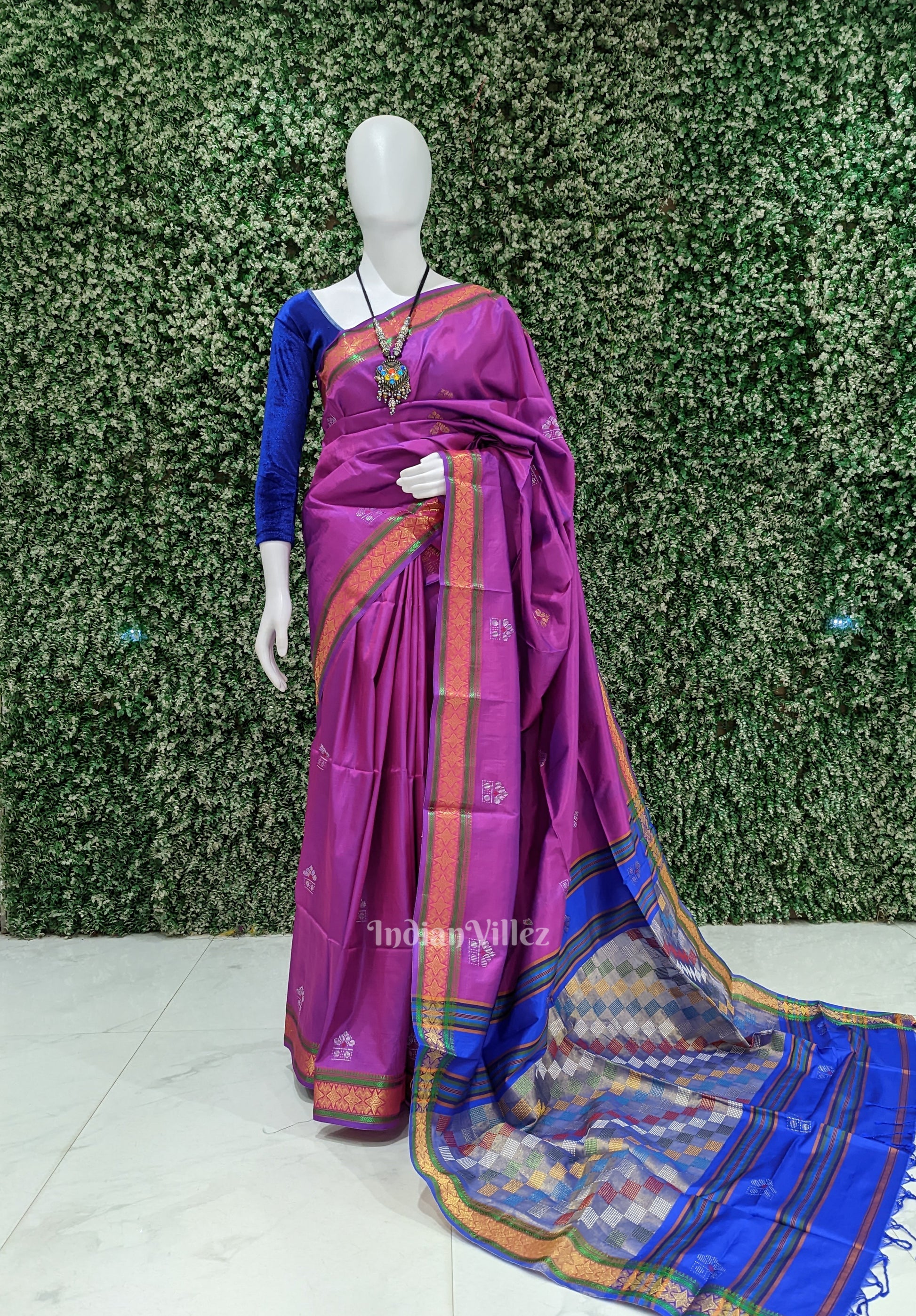 Soft Maroon With Blue Pure Bishnupuri  Silk Saree