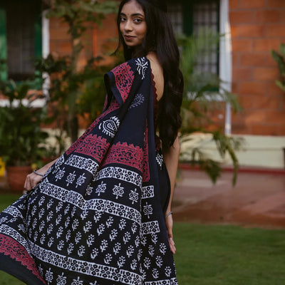 Black Jaipur Cotton Saree With Printed Mango Motifs