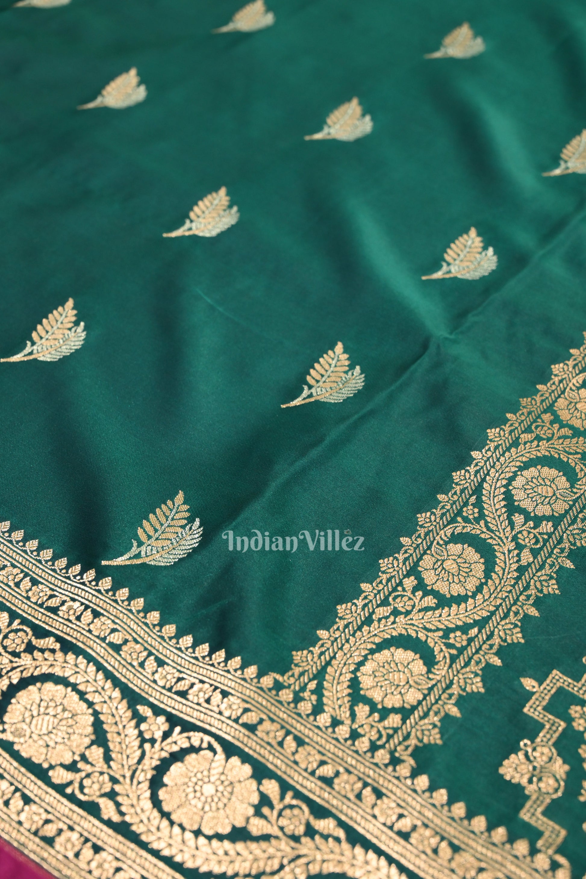 Dark Bottle Green Banarasi with Silver Satin Silk Saree