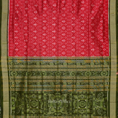 Cherry Red With Mehendi Tribal Theme Sambalpuri Silk Saree