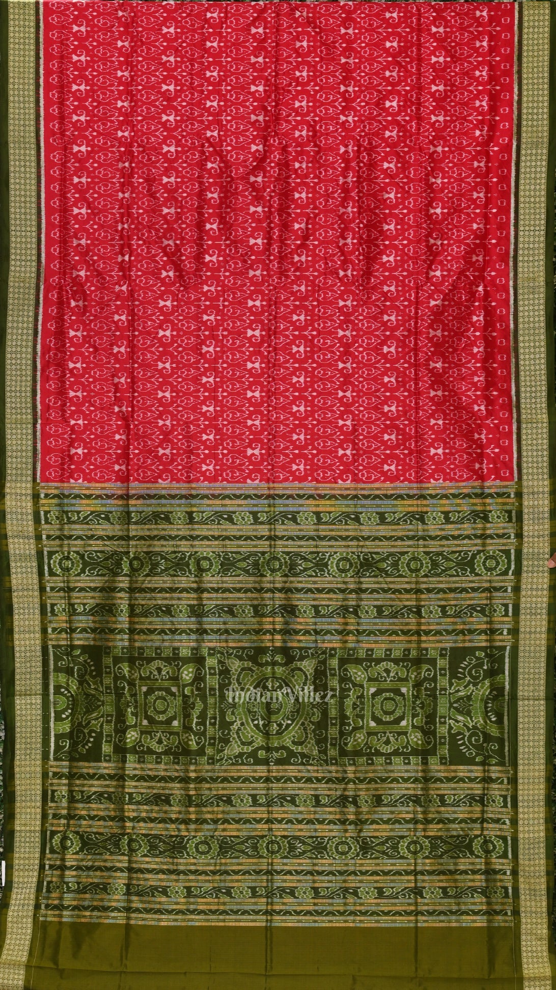 Cherry Red With Mehendi Tribal Theme Sambalpuri Silk Saree