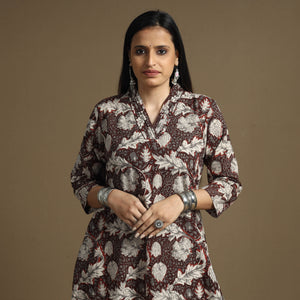 Brown - Bagru Hand Block Printed Cotton A-Line Long Kurta
