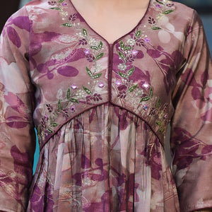 Chikoo & Wine Floral Printed Alia Cut Chanderi Silk Salwar Suit