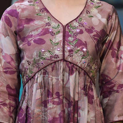 Chikoo & Wine Floral Printed Alia Cut Chanderi Silk Salwar Suit
