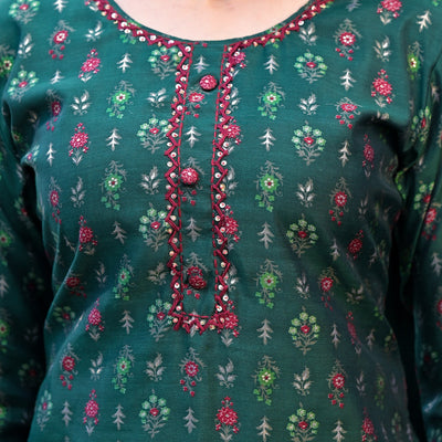 Bottle Green Floral Kantha Work Embroidered Chanderi Silk Salwar Suit