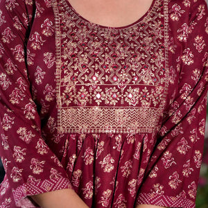 Maroon Floral Naira Cut Rayon Salwar Suit With Mirror Work