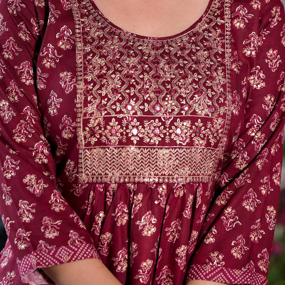 Maroon Floral Naira Cut Rayon Salwar Suit With Mirror Work