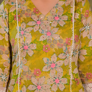 Dark Lemon Green Floral Printed Giza Cotton Maxi Dress