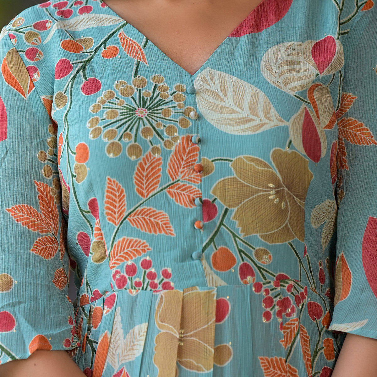 green-floral-foil-printed-chiffon-a-line-dress