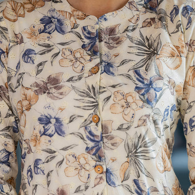 Cream & Blue Floral Printed Pure Cotton Shifley Dress