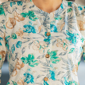 Cream & Green Floral Printed Pure Cotton Shifley Dress