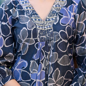 Denim Blue Floral Printed Chanderi Silk Co-Ord Set