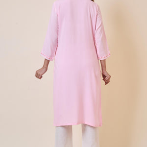Light Pink Yoke Embroidered Rayon Straight Kurti