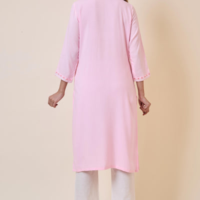 Light Pink Yoke Embroidered Rayon Straight Kurti